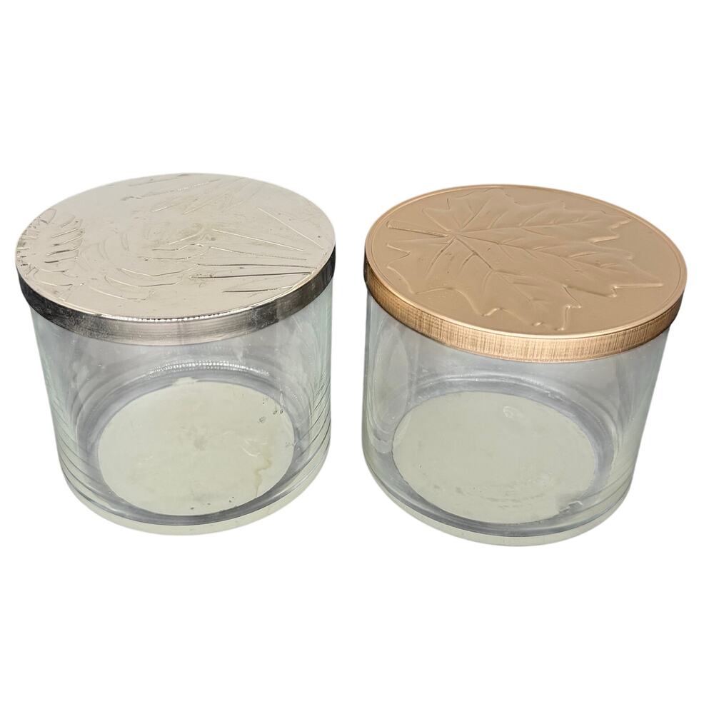 Lot of 2 Empty 3 Wick Candle Glass Jars With Lids Silver bronze Craft Upcycle